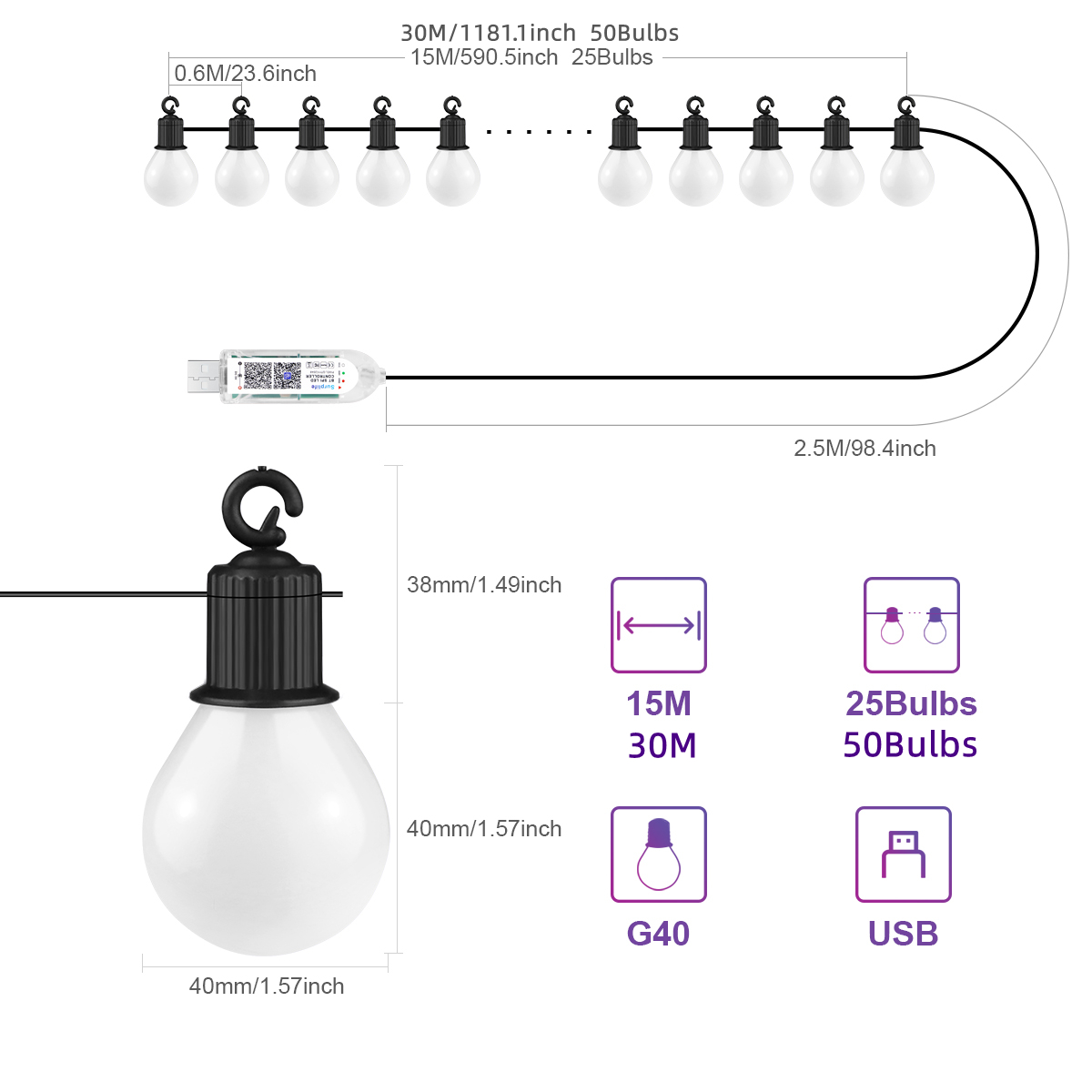 Smart WIFI G40 LED Bulb String - đánh giá và giá Smart Garden Festoon Lights